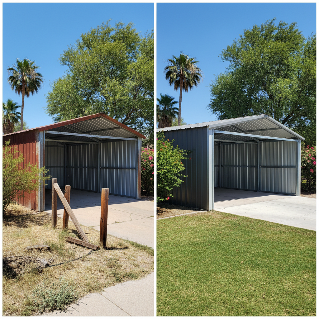 Completed metal frame garages work at a residential property in Glendale, AZ
