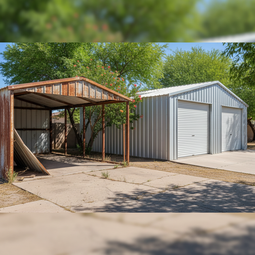Completed metal frame garages work at a residential property in Glendale, AZ