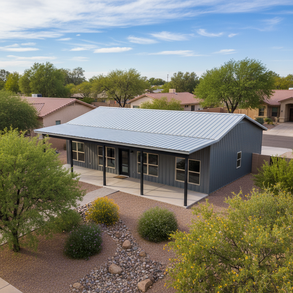 Completed metal post frame construction work at a residential property in Marana, AZ