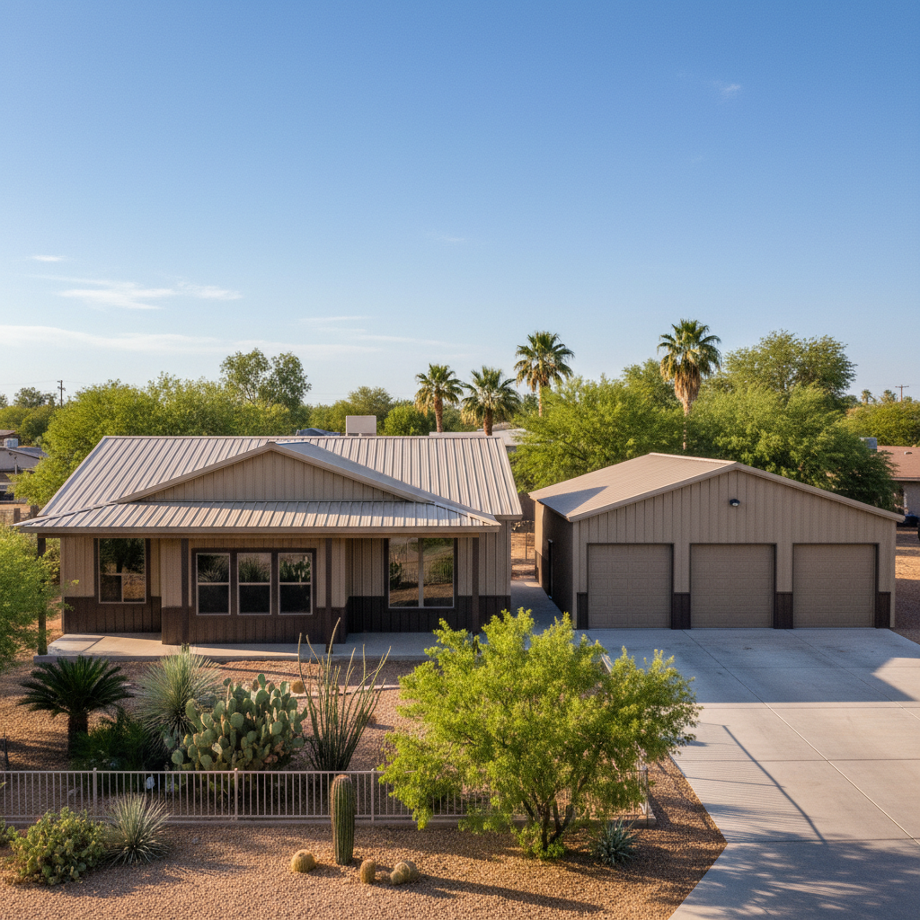 Completed metal post frame construction work at a residential property in Marana, AZ