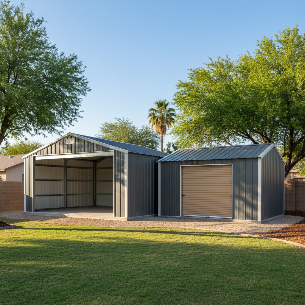 Completed metal frame sheds work at a residential property in El Mirage, AZ