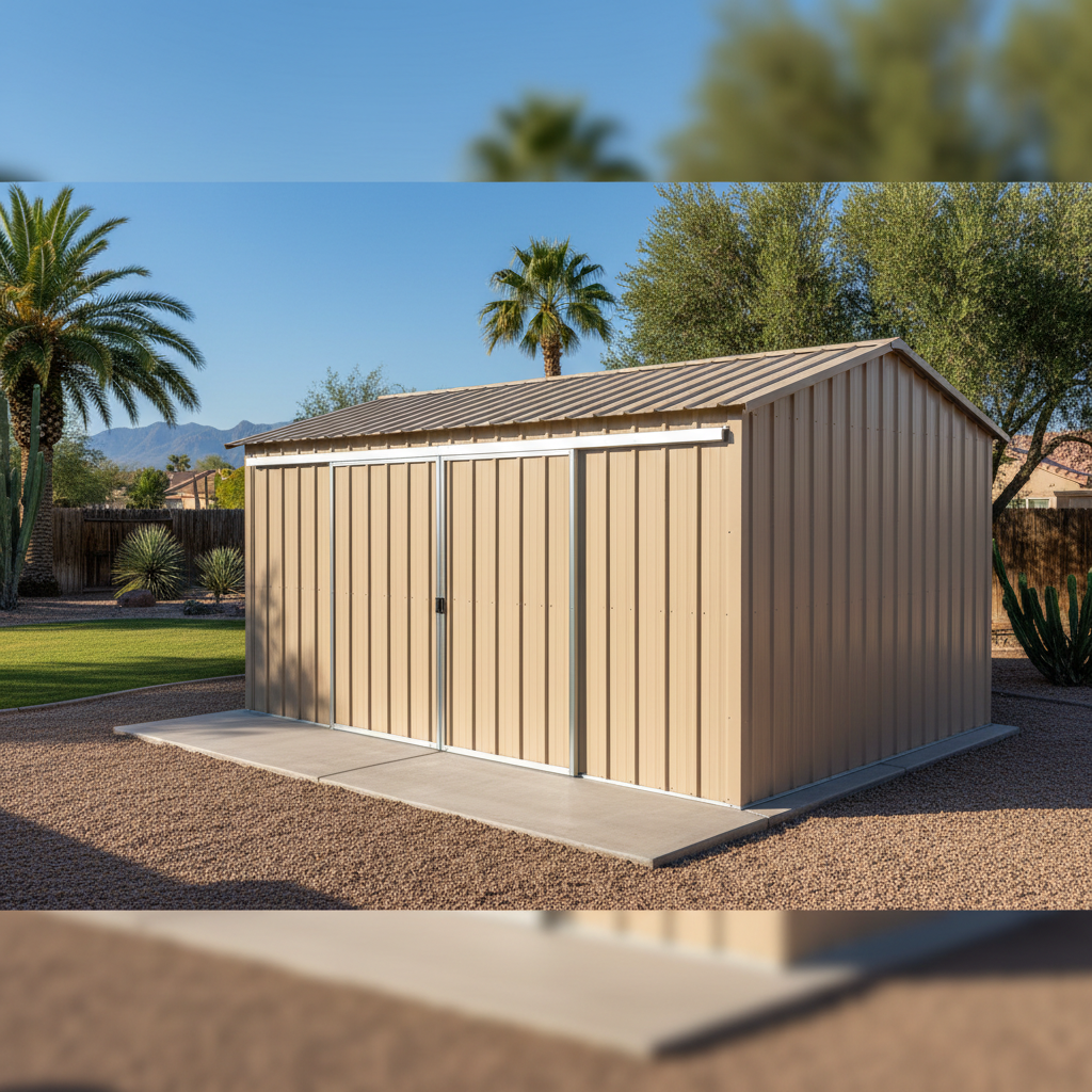 Completed metal frame sheds work at a residential property in El Mirage, AZ