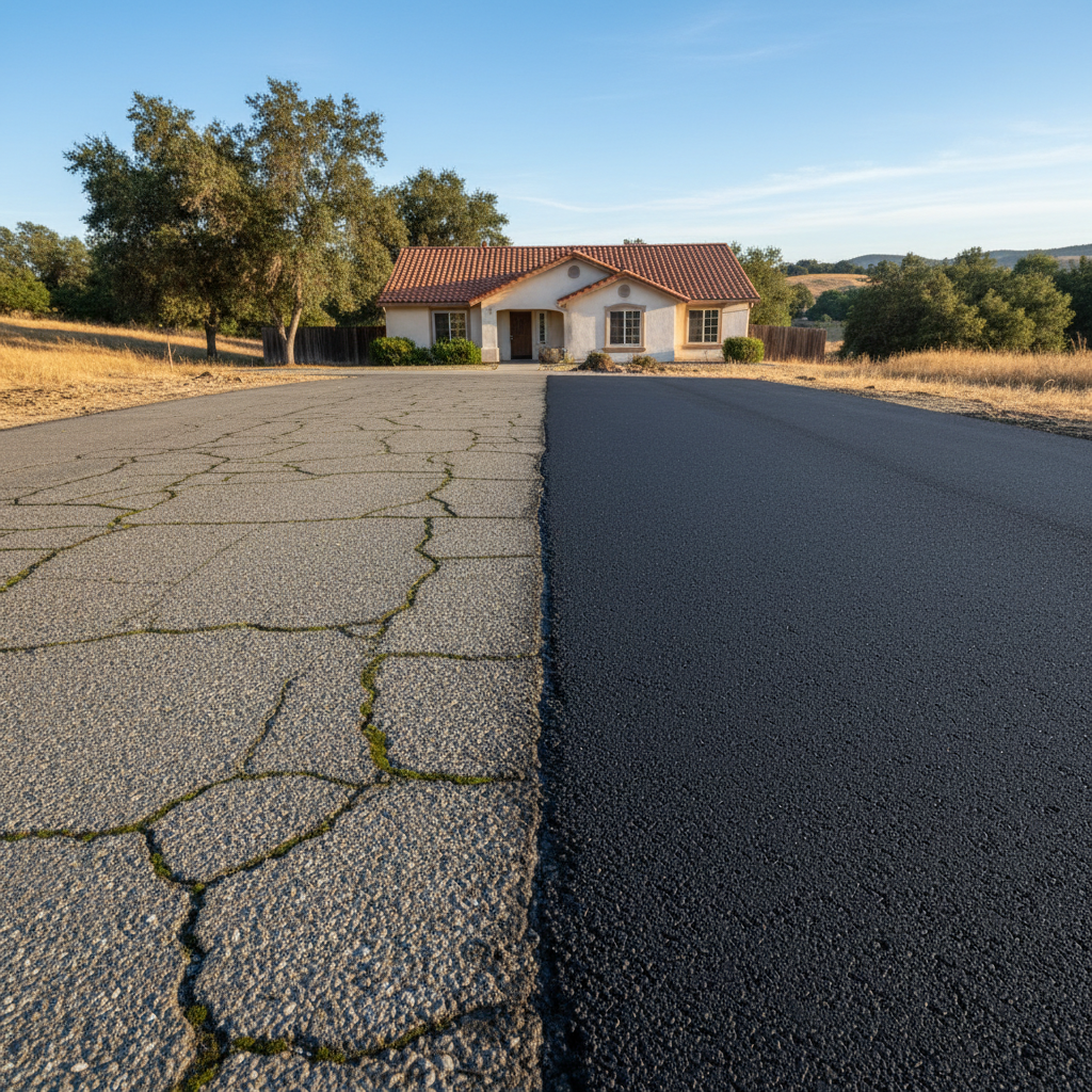Completed asphalt paving work at a residential property in Madera, CA
