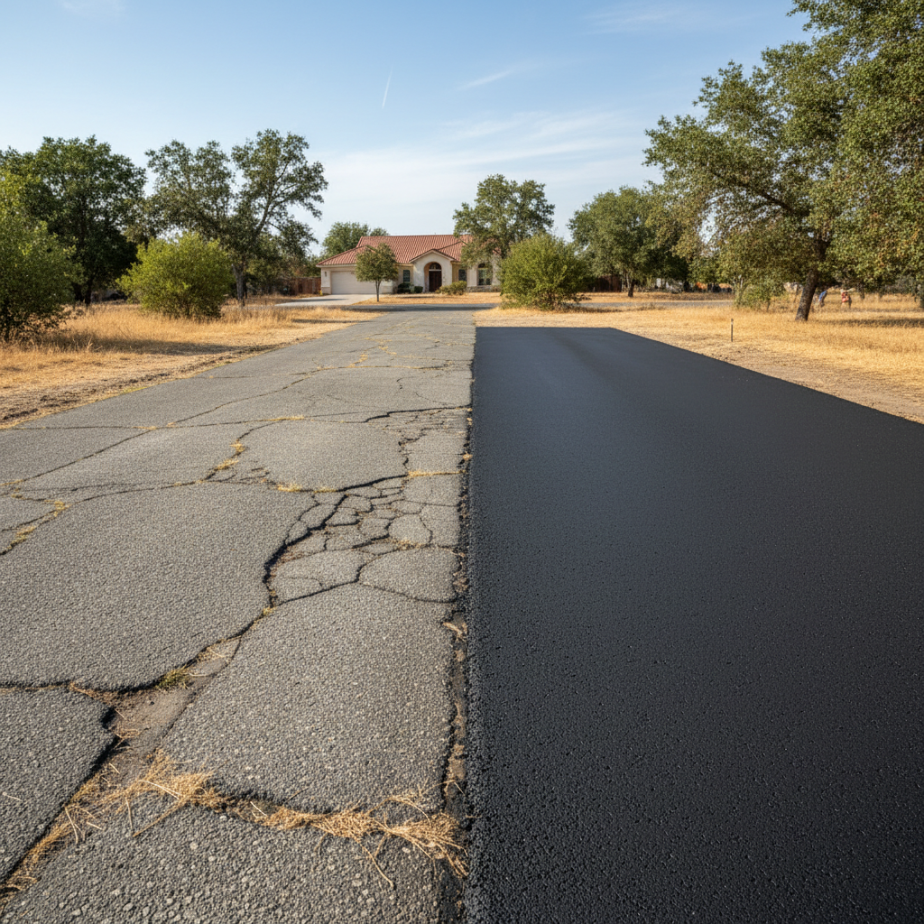 Completed asphalt paving work at a residential property in Madera, CA