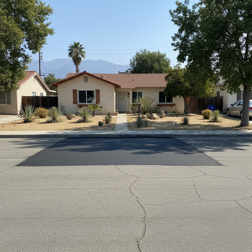 Completed asphalt patching work at a residential property in Pomona, CA