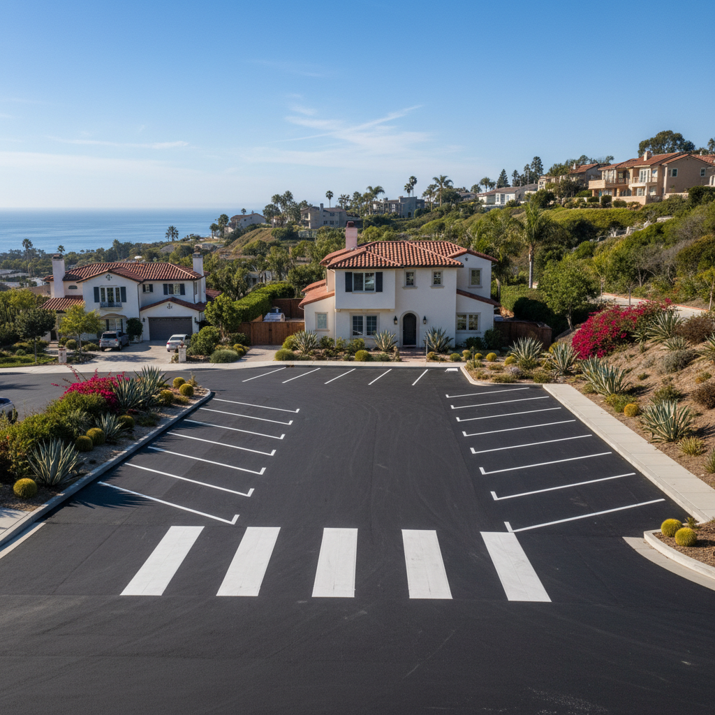 Completed asphalt striping work at a residential property in Laguna Beach, CA