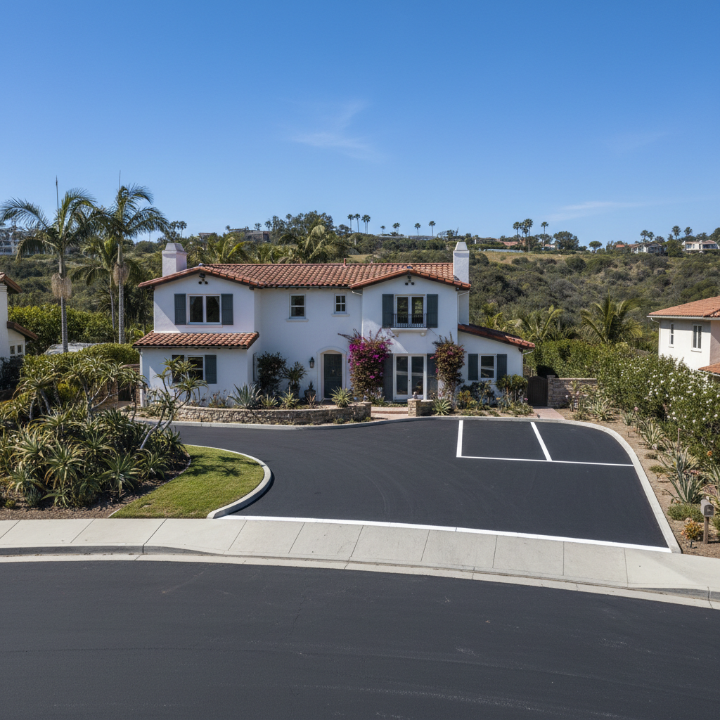 Completed asphalt striping work at a residential property in Laguna Beach, CA