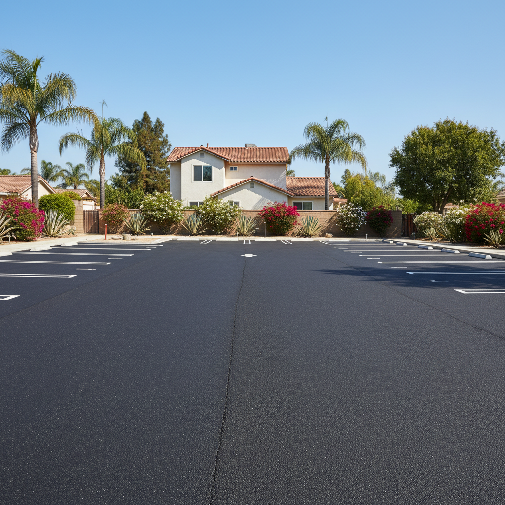 Completed parking lot paving work at a residential property in Irvine, CA