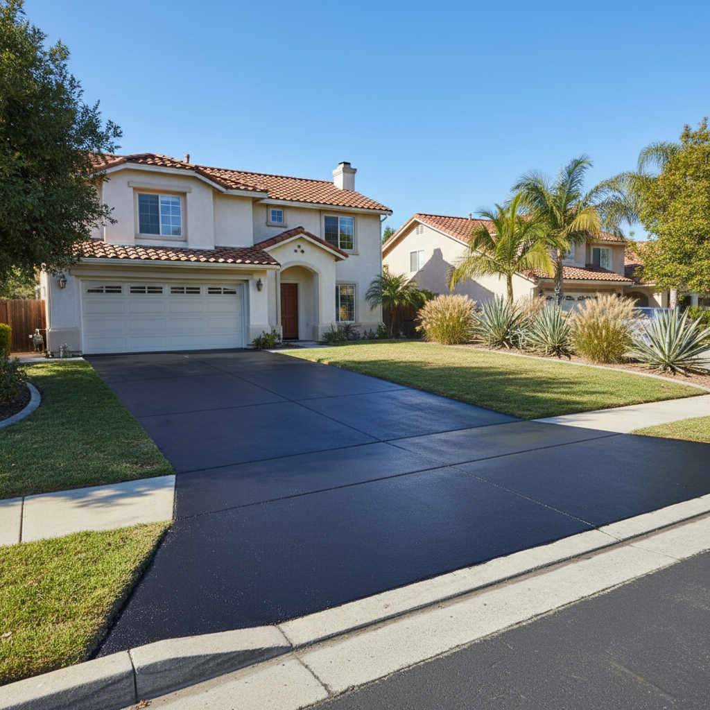Completed asphalt sealcoating work at a residential property in La Mesa, CA