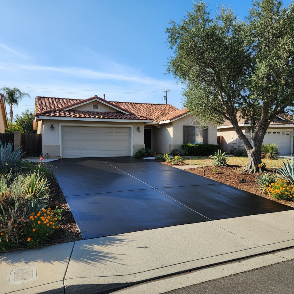 Completed asphalt sealcoating work at a residential property in La Mesa, CA