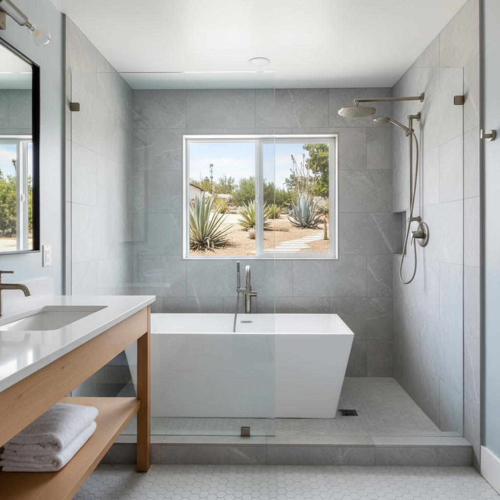 Completed bathtub and shower installation work at a residential property in Irvine, CA