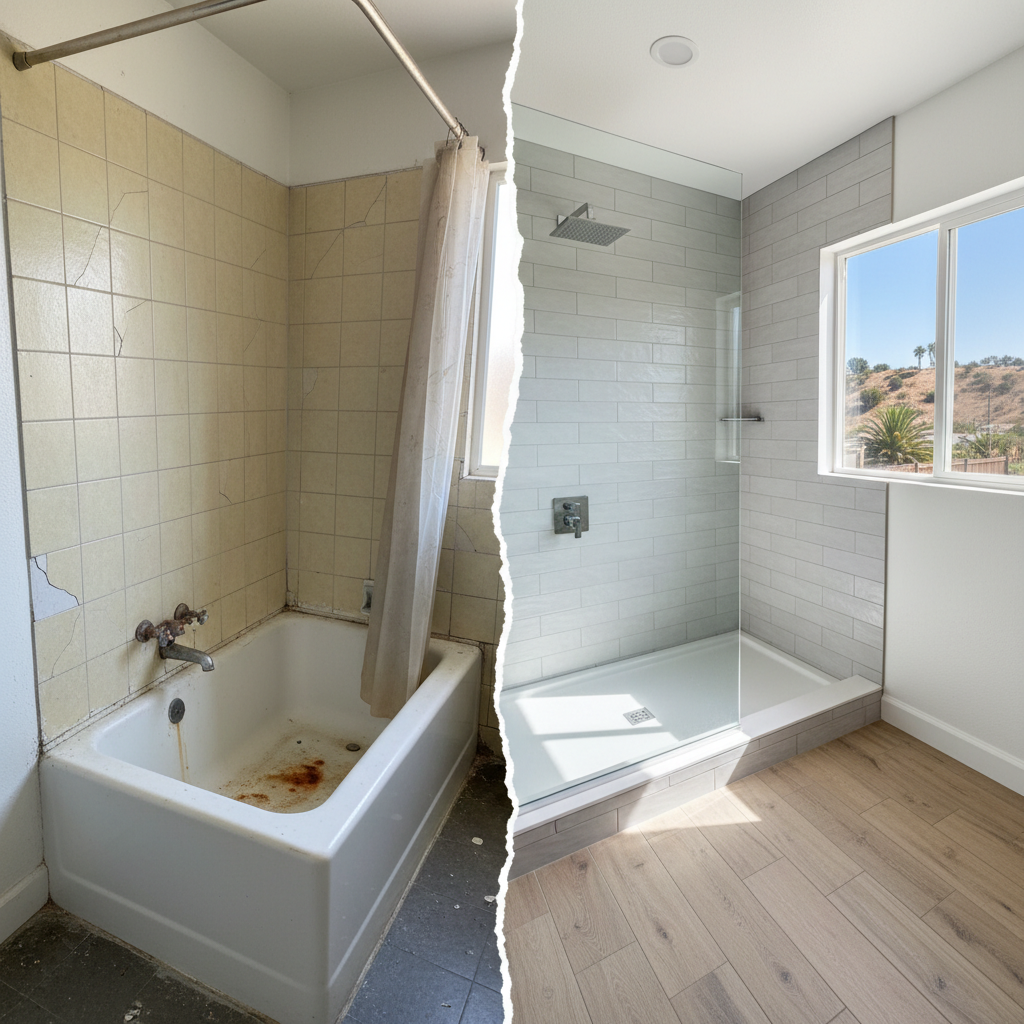 Completed bathtub and shower installation work at a residential property in Pomona, CA