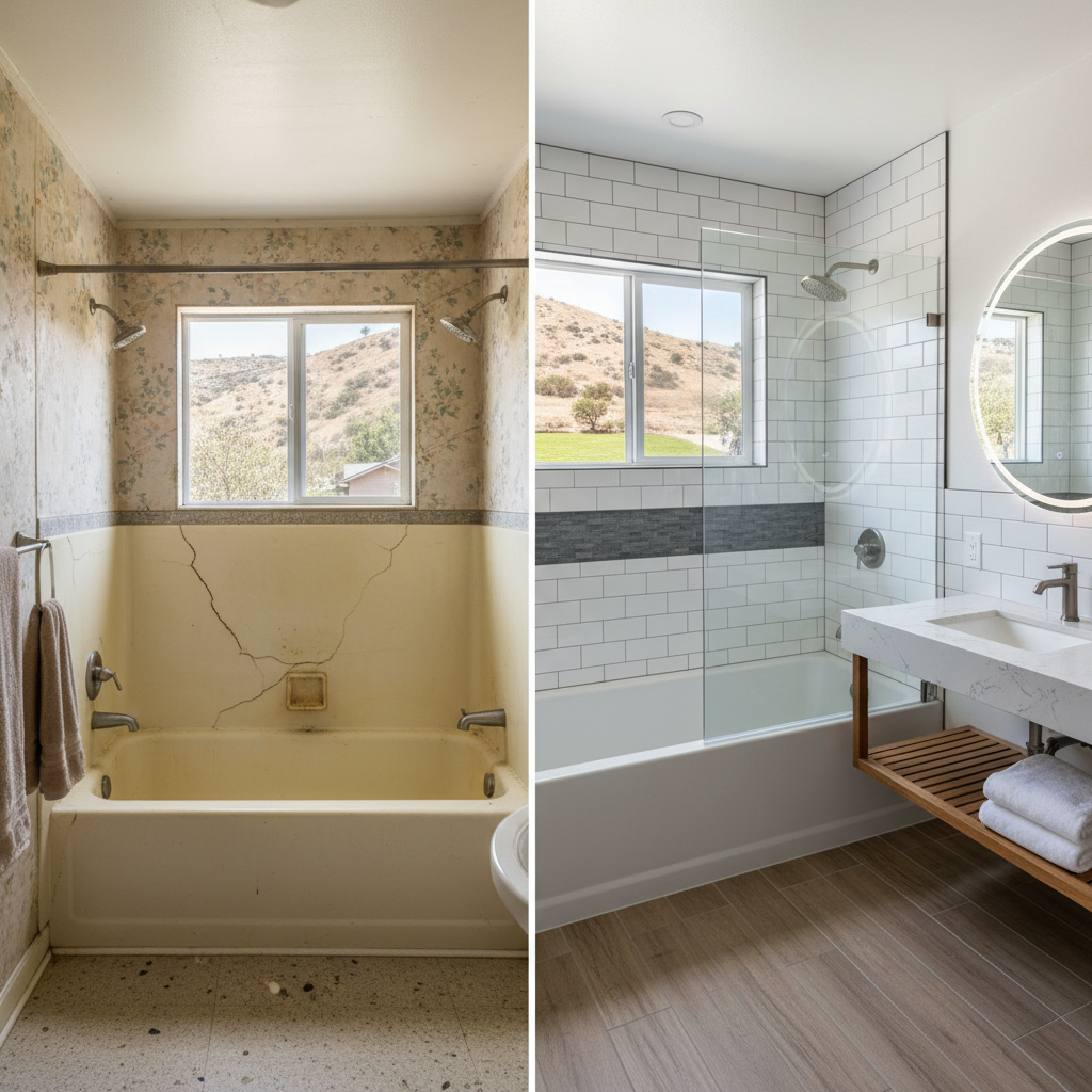 Completed bathtub and shower installation work at a residential property in Pomona, CA