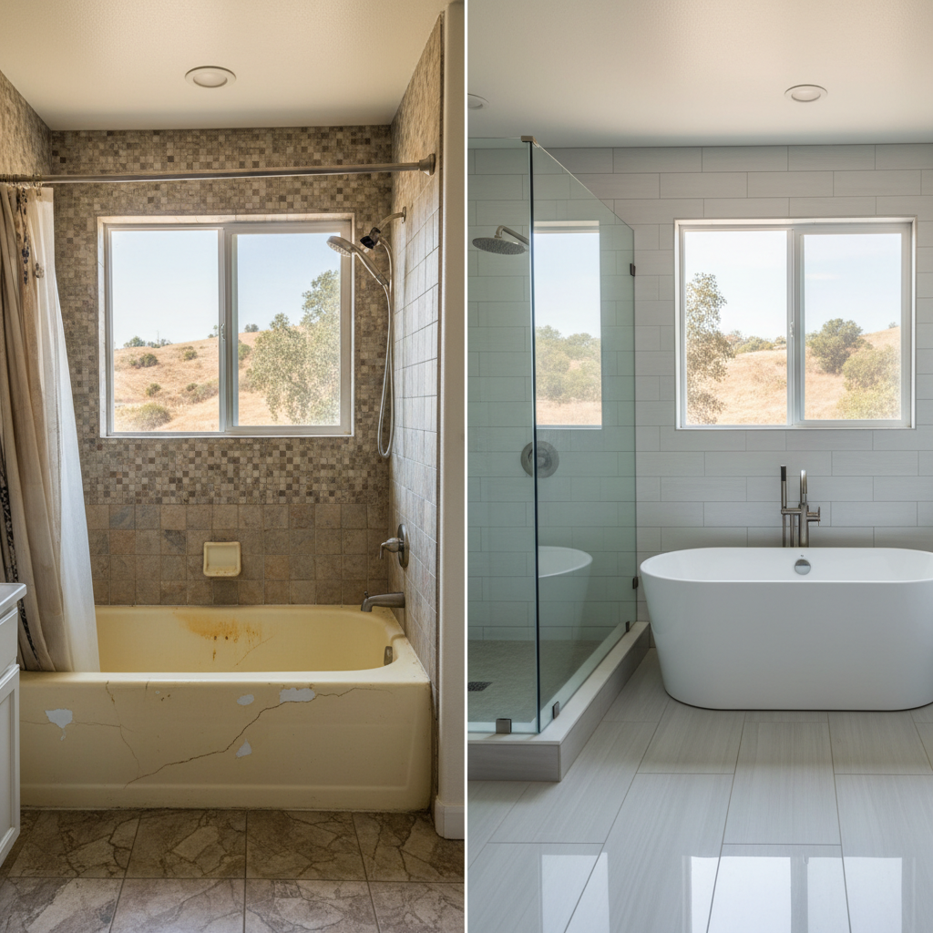 Completed bathtub and shower installation work at a residential property in Roseville, CA