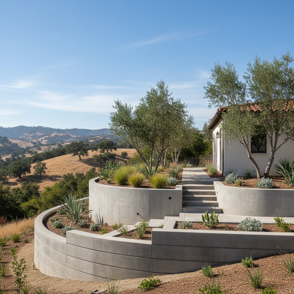Completed concrete retaining walls work at a residential property in Santa Barbara, CA