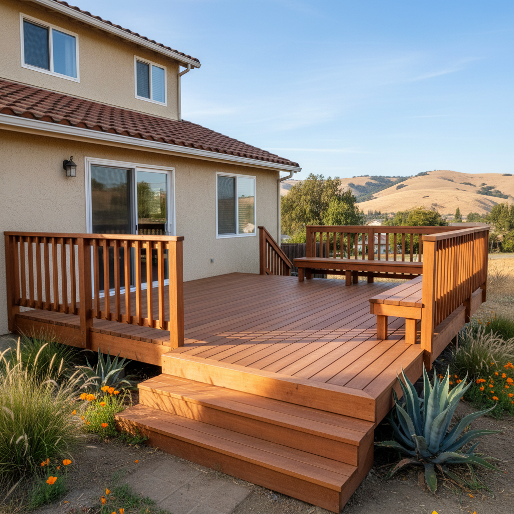 Completed wooden decks work at a residential property in Pittsburg, CA