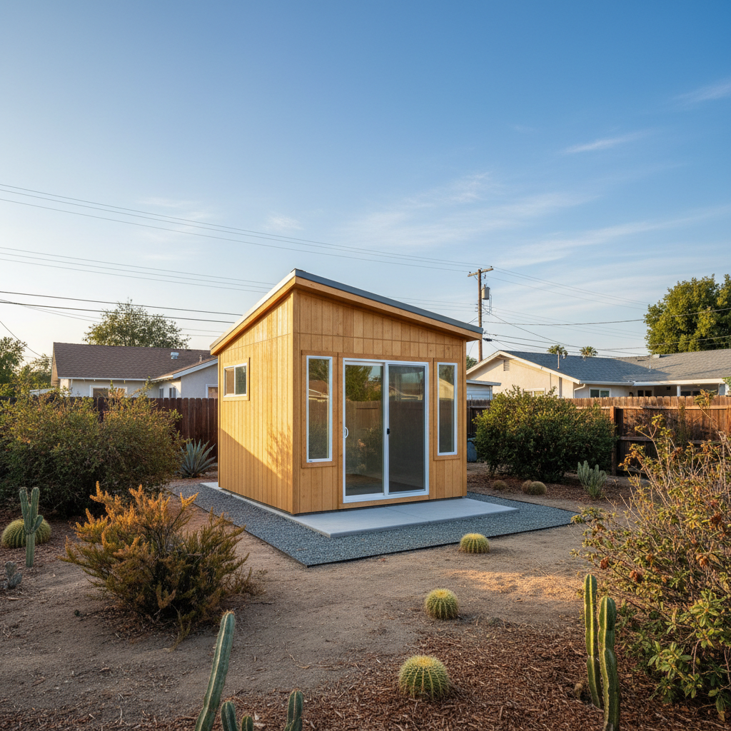 Completed tiny homes work at a residential property in Pomona, CA