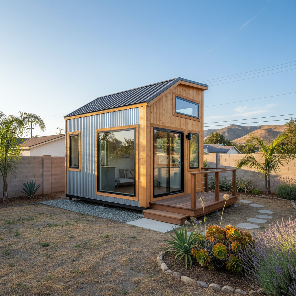 Completed tiny homes work at a residential property in Pomona, CA