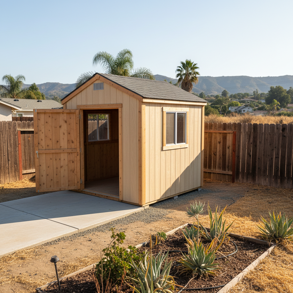 Completed shed delivery and installation work at a residential property in La Mesa, CA
