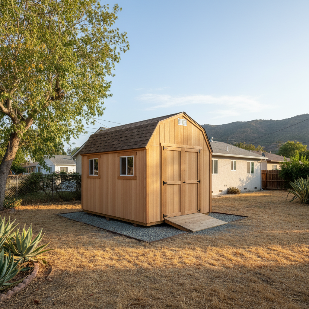 Completed shed delivery and installation work at a residential property in La Mesa, CA