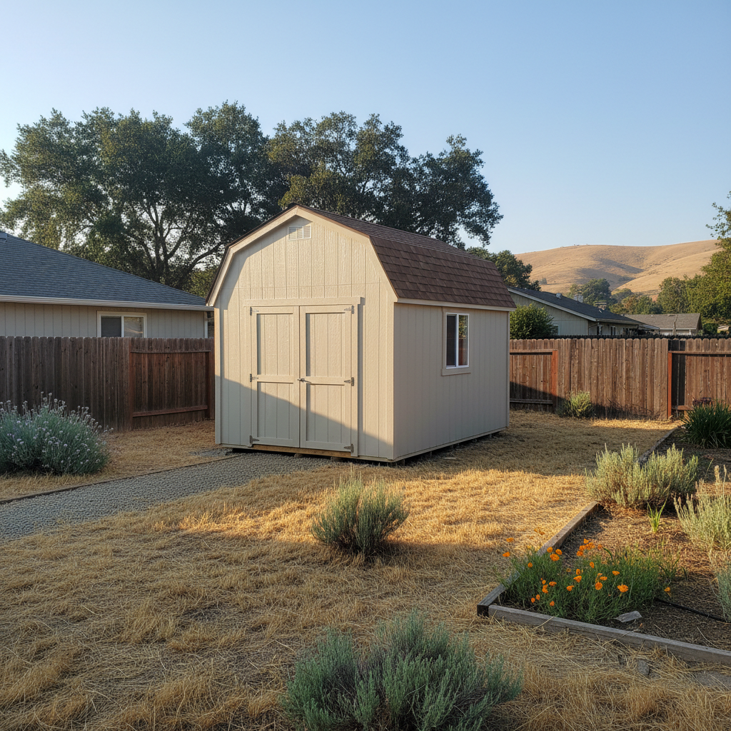 Completed storage sheds work at a residential property in Oakdale, CA