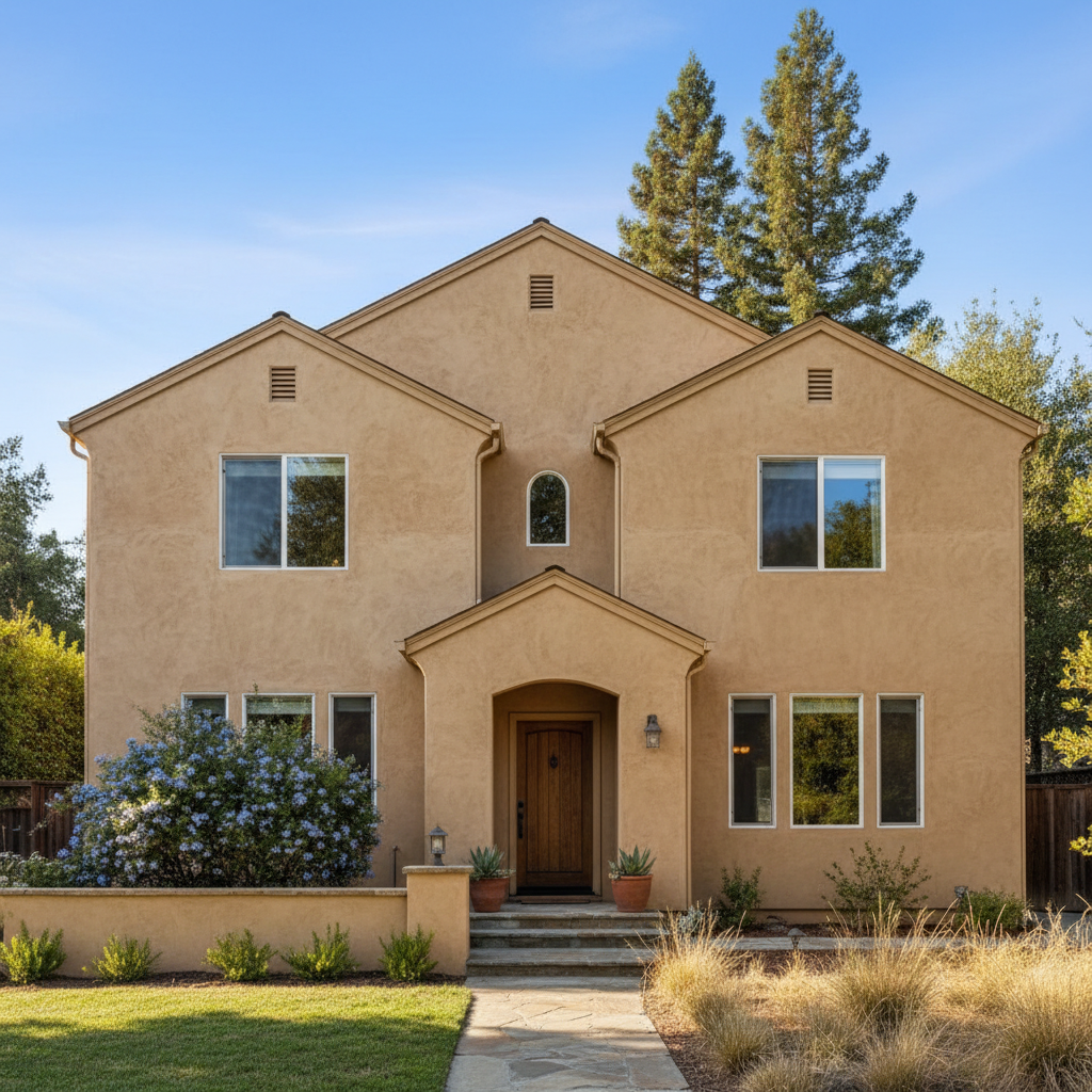 Completed stucco painting work at a residential property in Redwood City, CA
