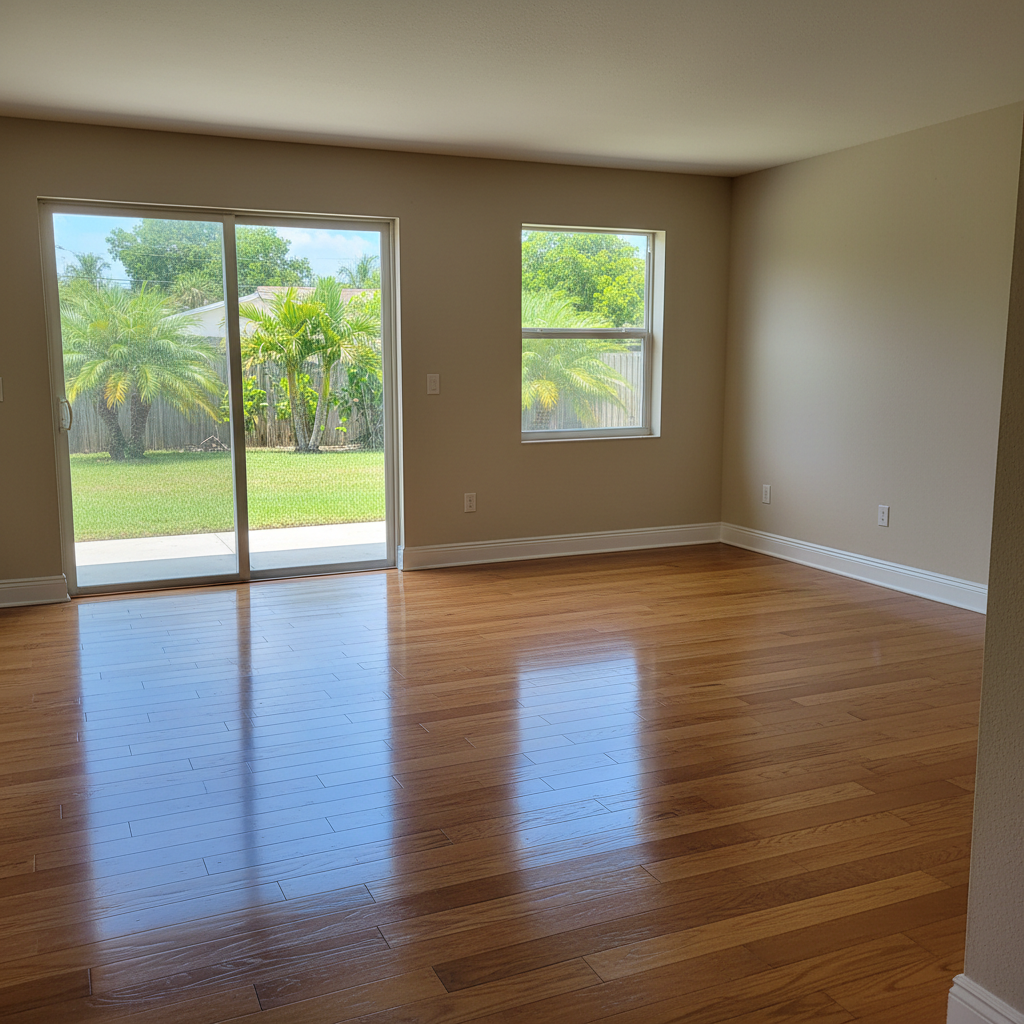 Completed hardwood floor water damage restoration work at a residential property in Miramar, FL
