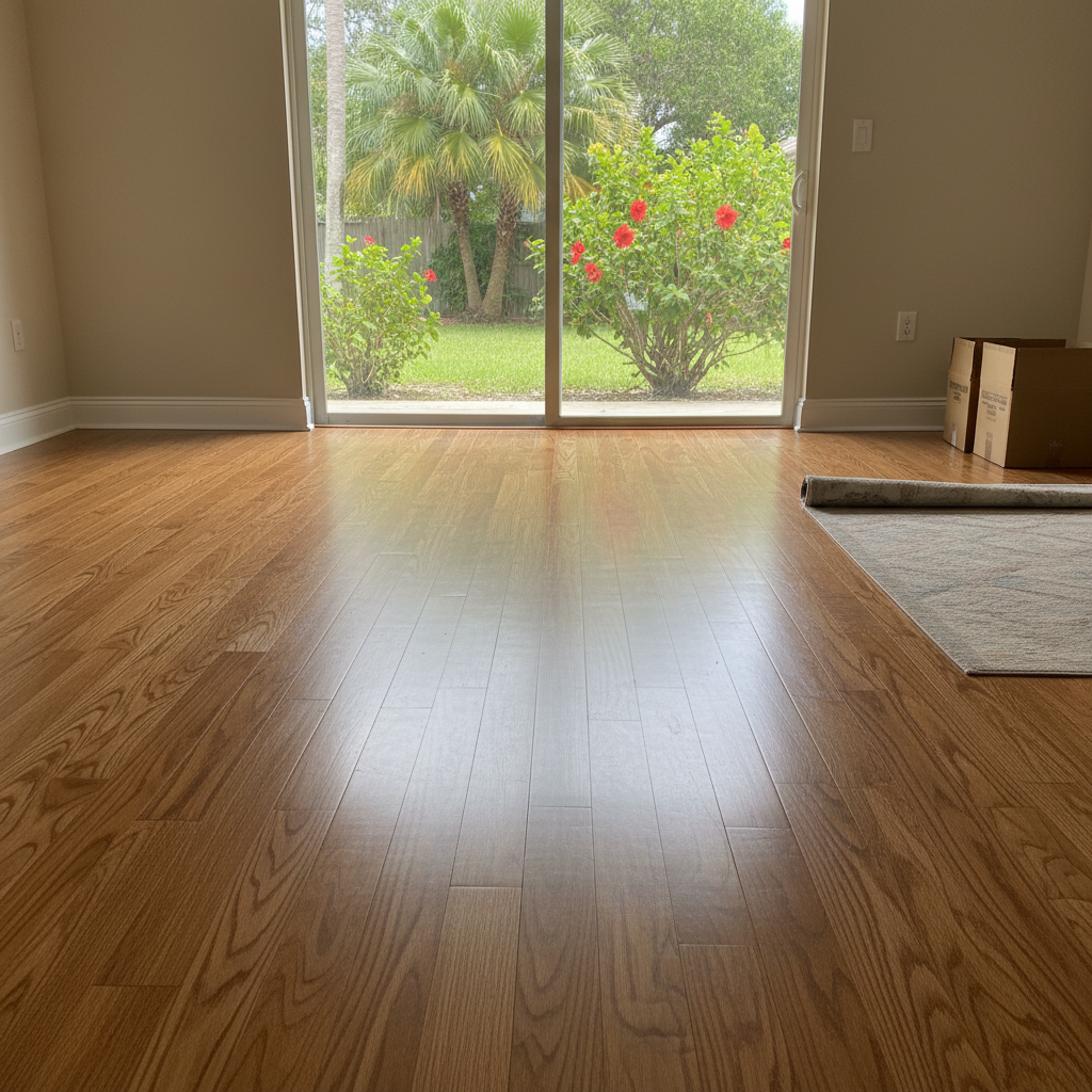 Completed hardwood floor water damage restoration work at a residential property in Miramar, FL