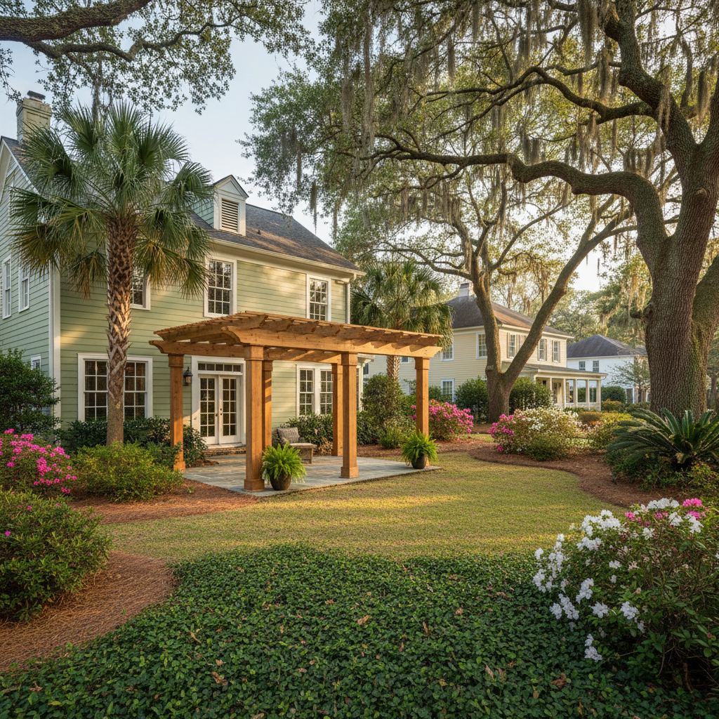 Completed pergola construction work at a residential property in Savannah, GA