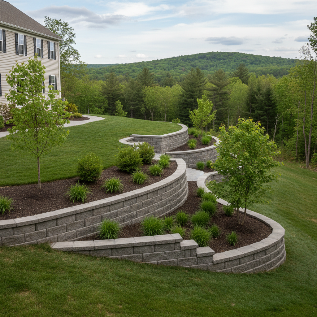 Completed concrete retaining walls work at a residential property in Marlborough, MA