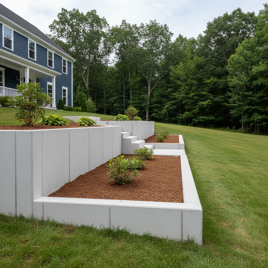 Completed concrete retaining walls work at a residential property in Marlborough, MA
