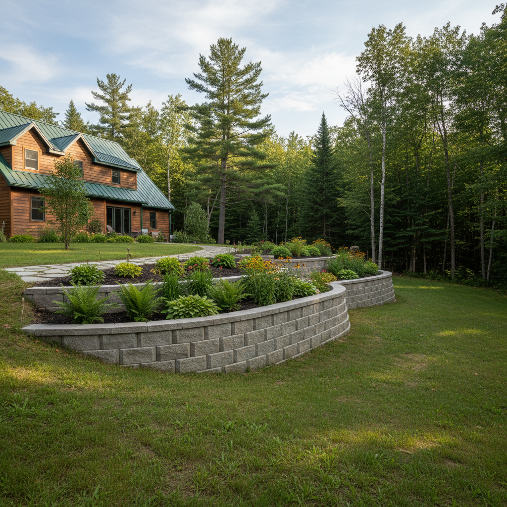 Completed concrete retaining walls work at a residential property in Kingsford, MI