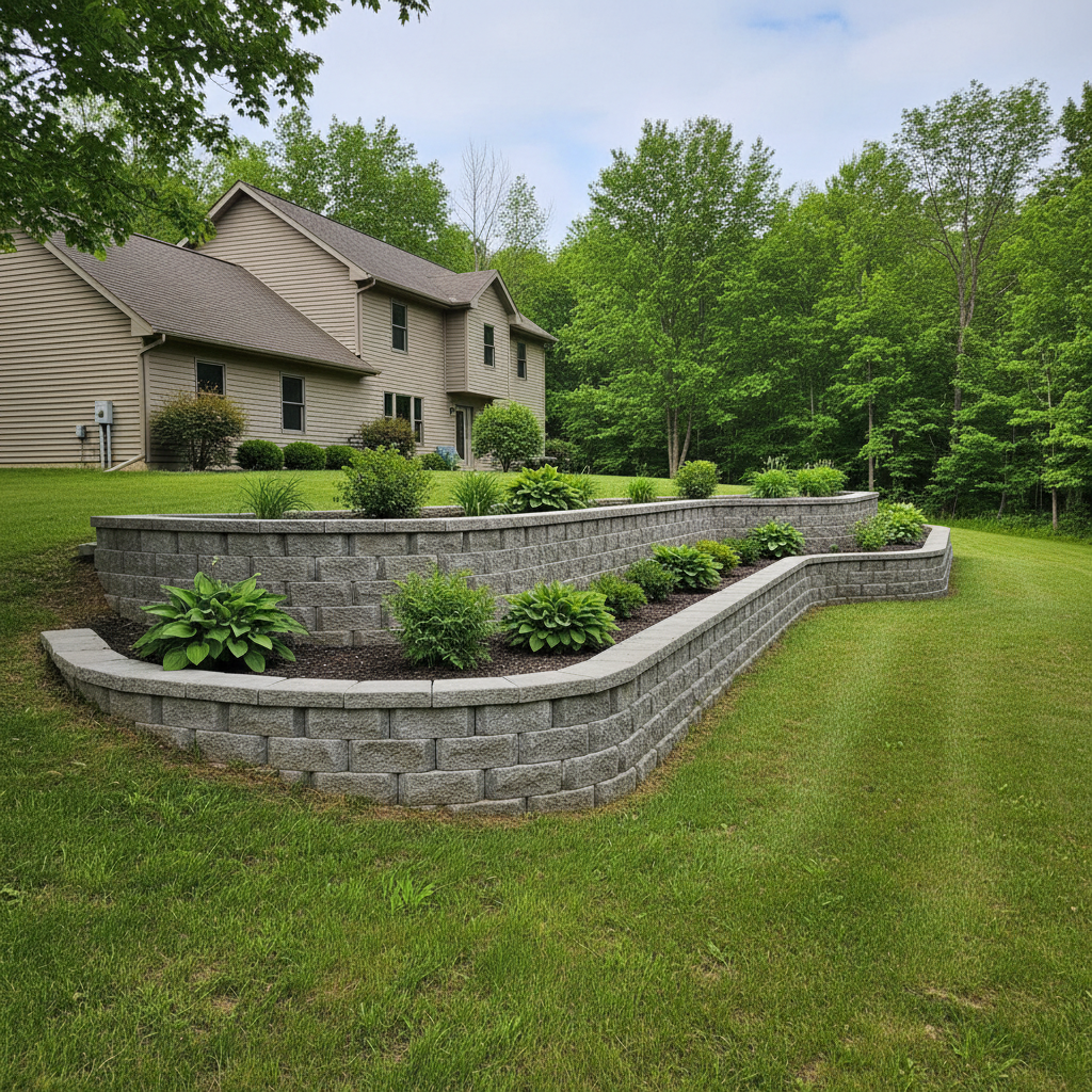 Completed concrete retaining walls work at a residential property in Kingsford, MI