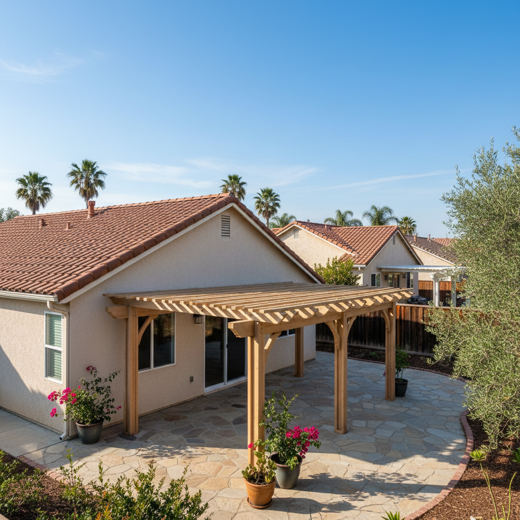 Completed pergola construction work at a residential property in Hawthorne, CA