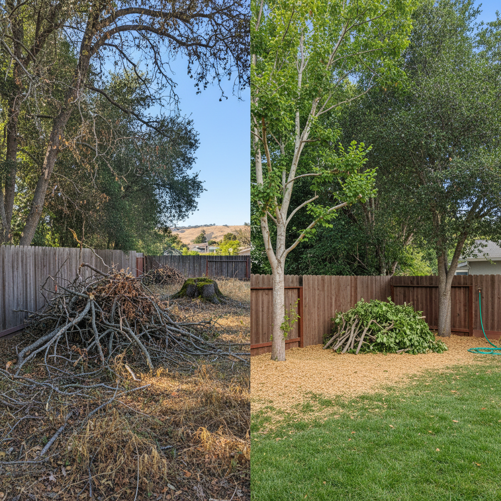 Completed tree trimming work at a residential property in San Leandro, CA