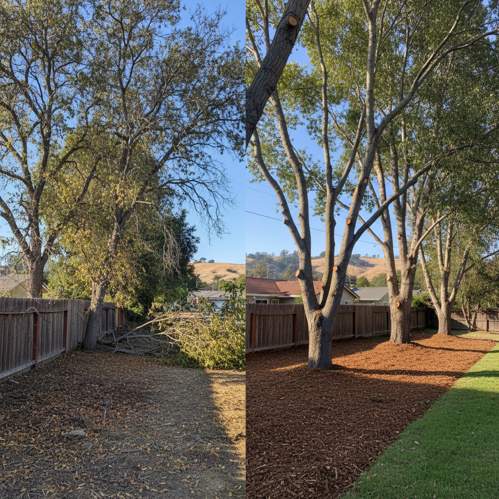 Completed tree trimming work at a residential property in San Leandro, CA