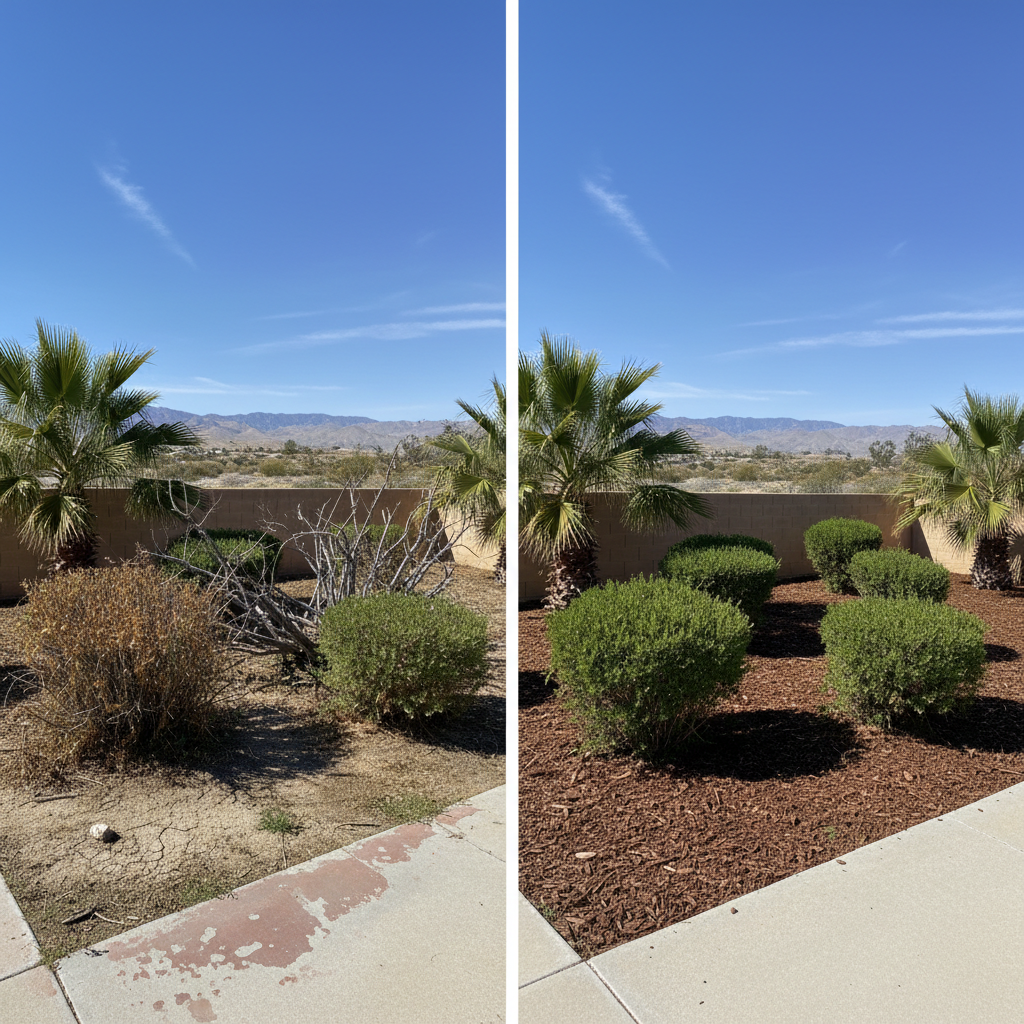 Completed shrub & bush trimming work at a residential property in Desert Hot Springs, CA