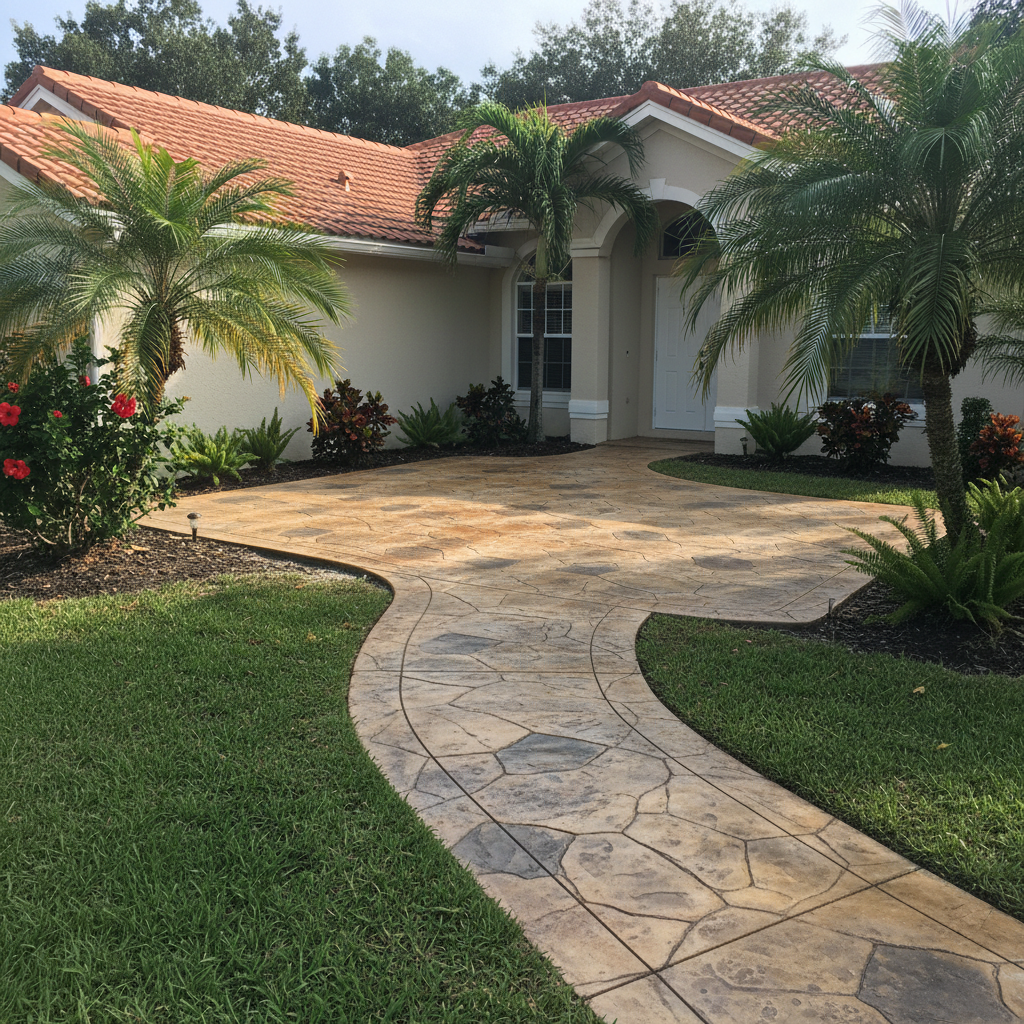 Completed decorative concrete work at a residential property in Lehigh Acres, FL