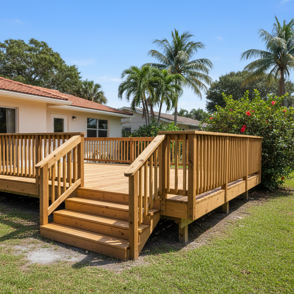 Completed wooden decks work at a residential property in West Palm Beach, FL