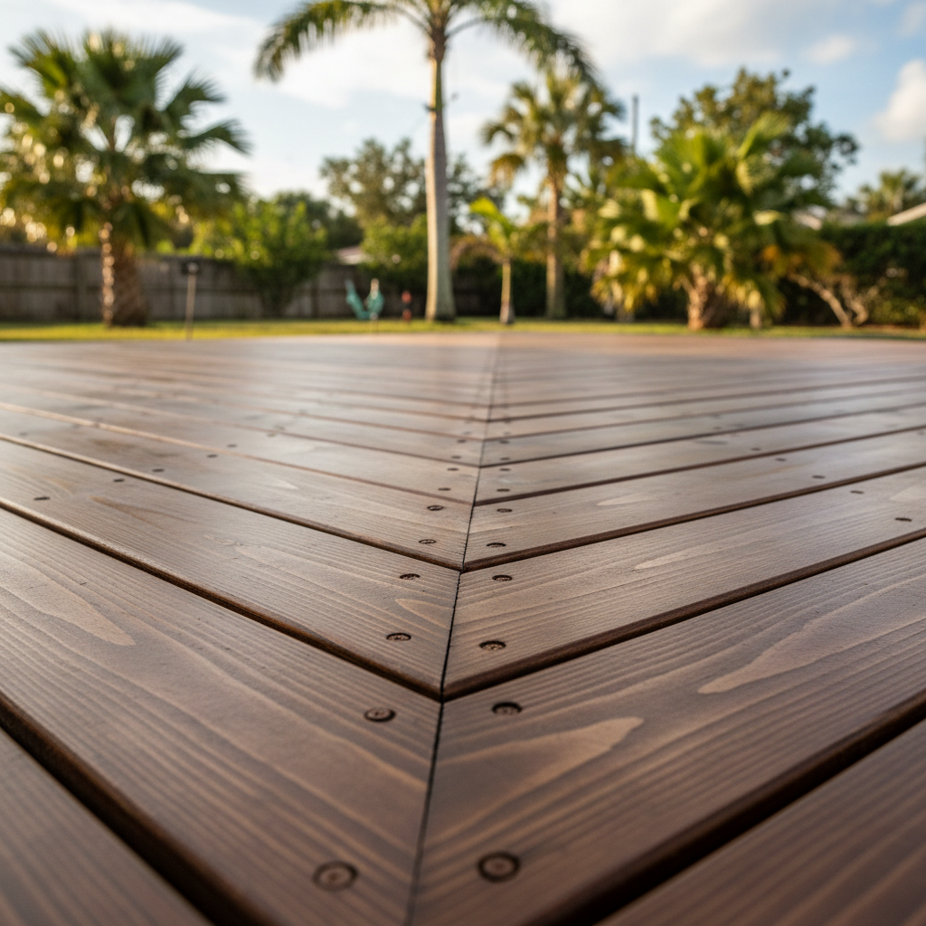 Completed wooden decks work at a residential property in West Palm Beach, FL