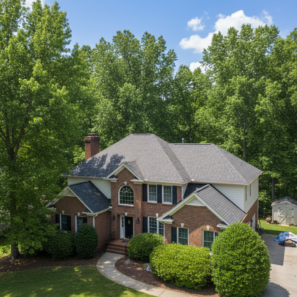 Completed asphalt shingle roofing work at a residential property in Chapel Hill, NC