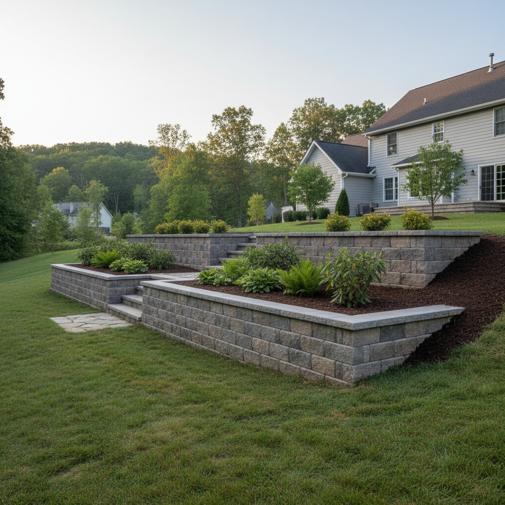 Completed concrete retaining walls work at a residential property in Macungie, PA