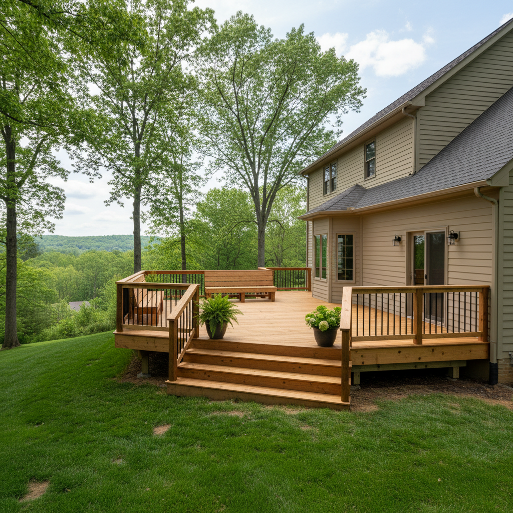Completed wooden decks work at a residential property in Birdsboro, PA
