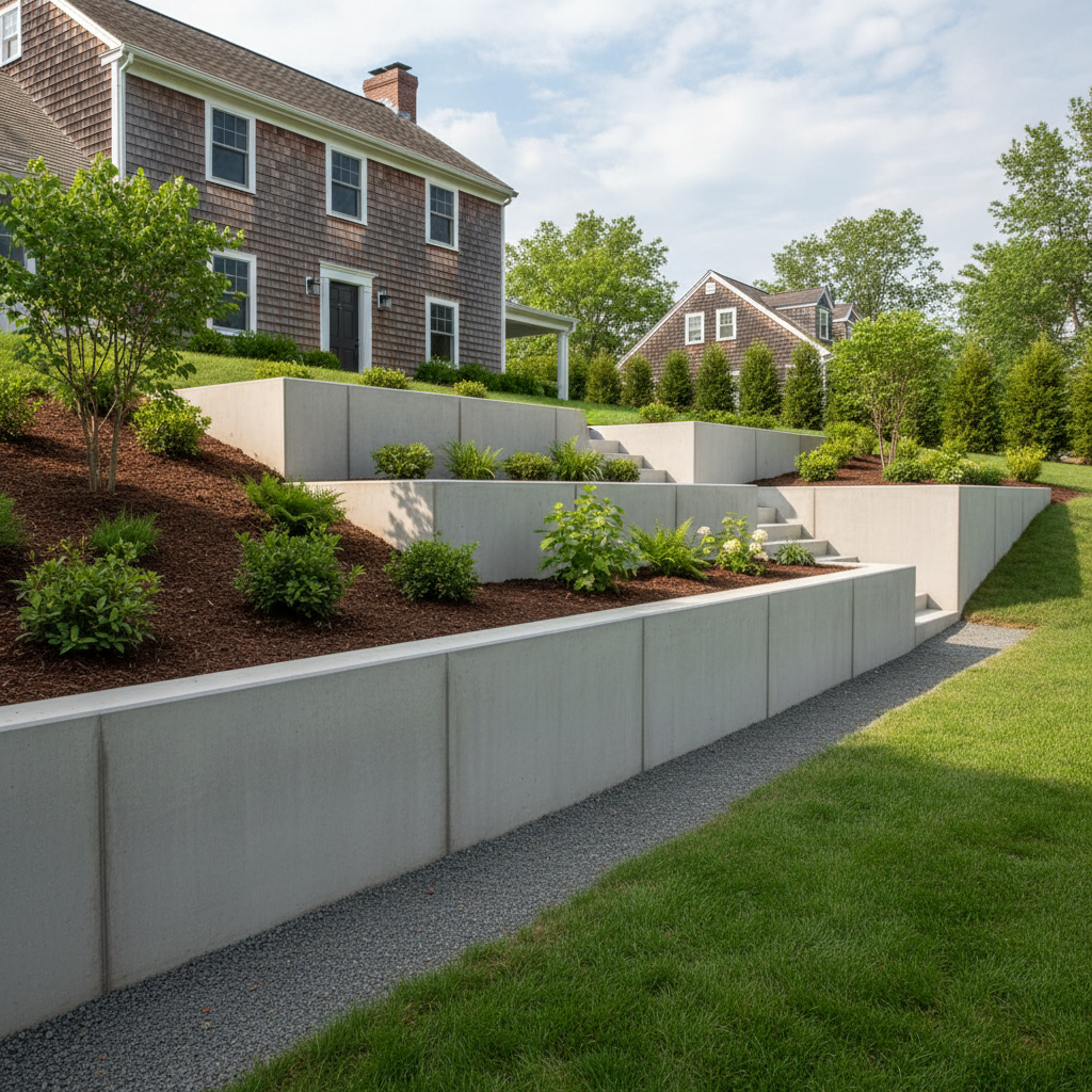 Completed concrete retaining walls work at a residential property in Providence, RI