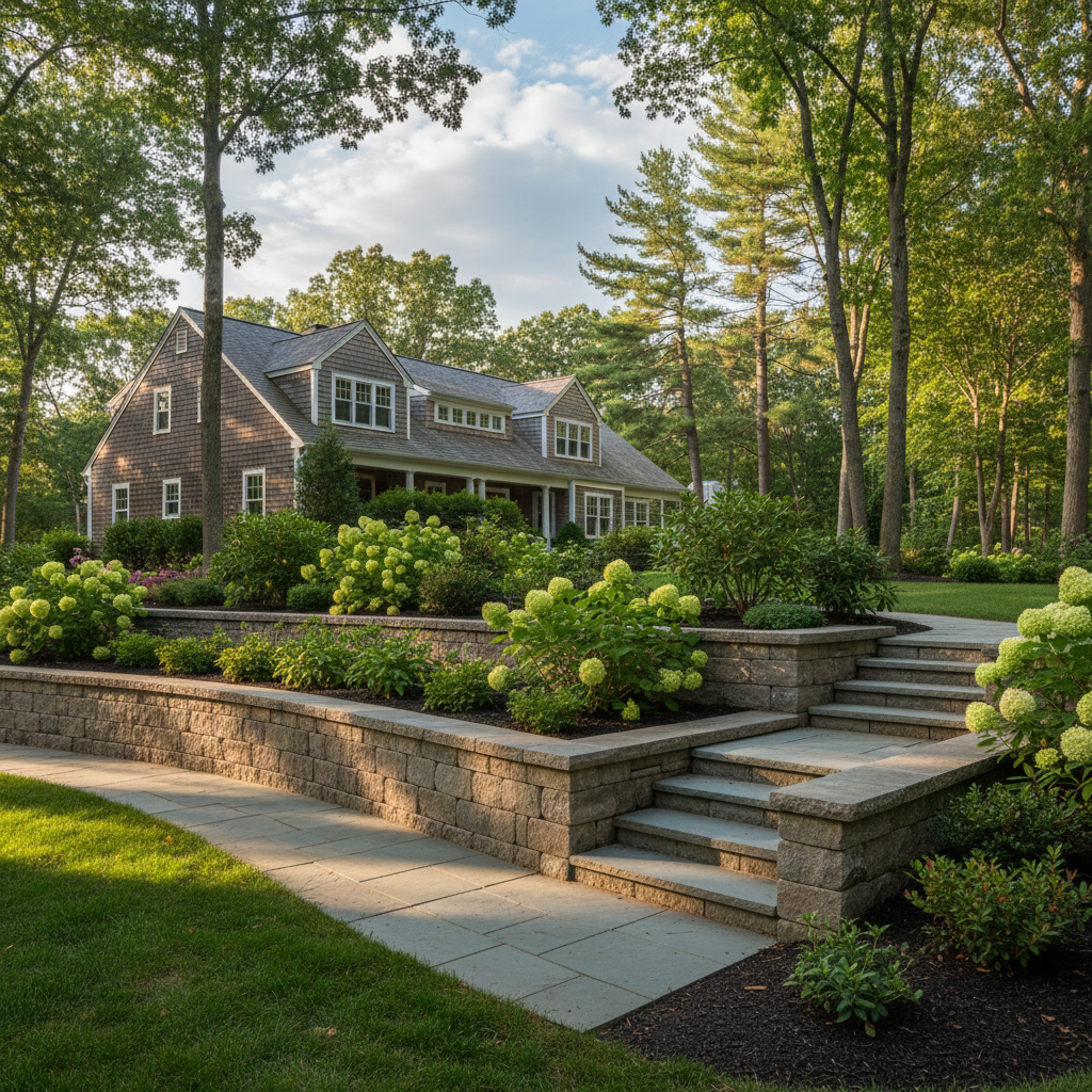 Completed retaining wall construction work at a residential property in North Kingstown, RI