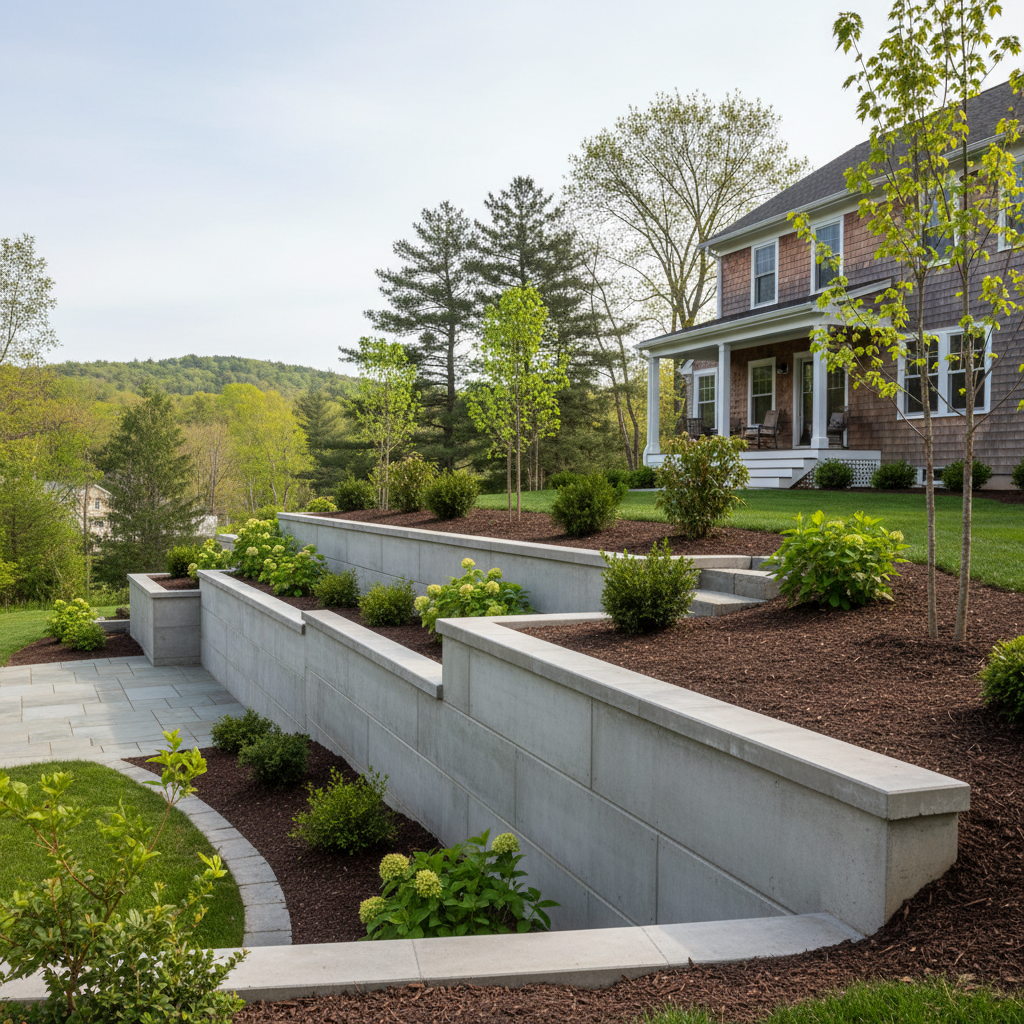 Completed concrete retaining walls work at a residential property in Providence, RI