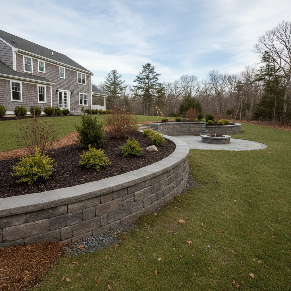 Completed retaining wall construction work at a residential property in North Kingstown, RI
