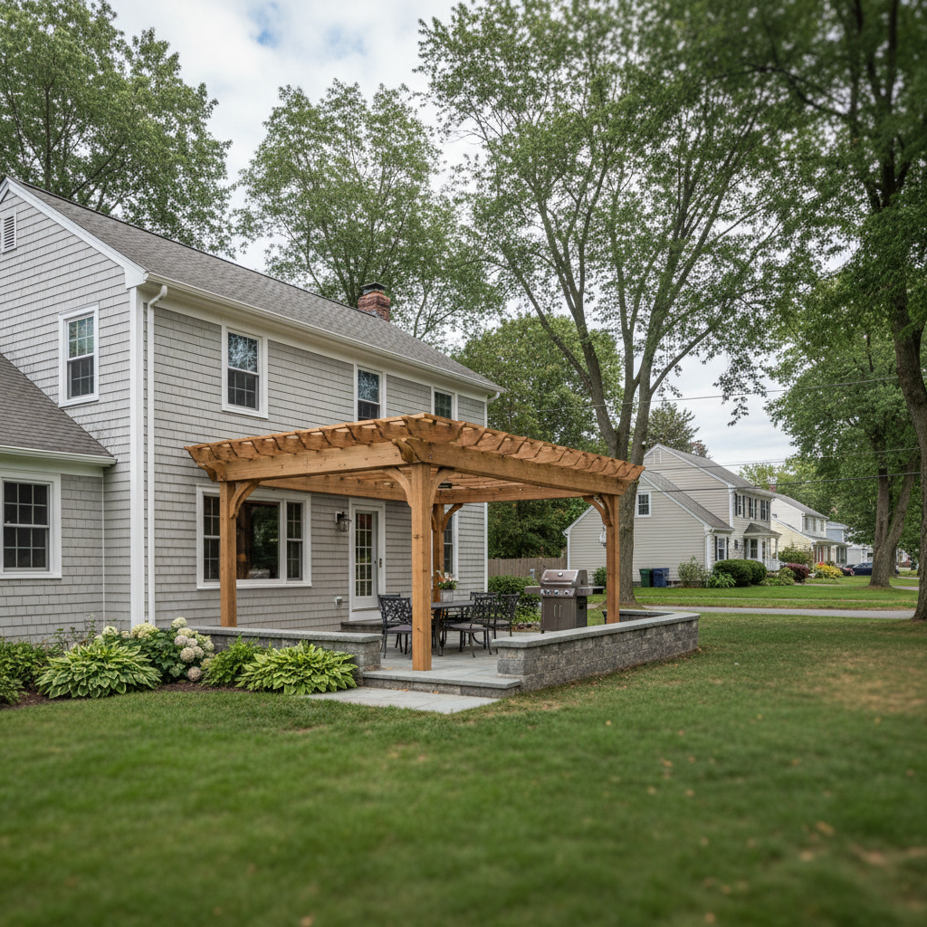 Completed pergola construction work at a residential property in Pawtucket, RI