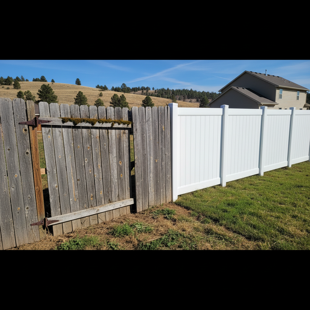 Completed vinyl fence installation work at a residential property in Sturgis, SD