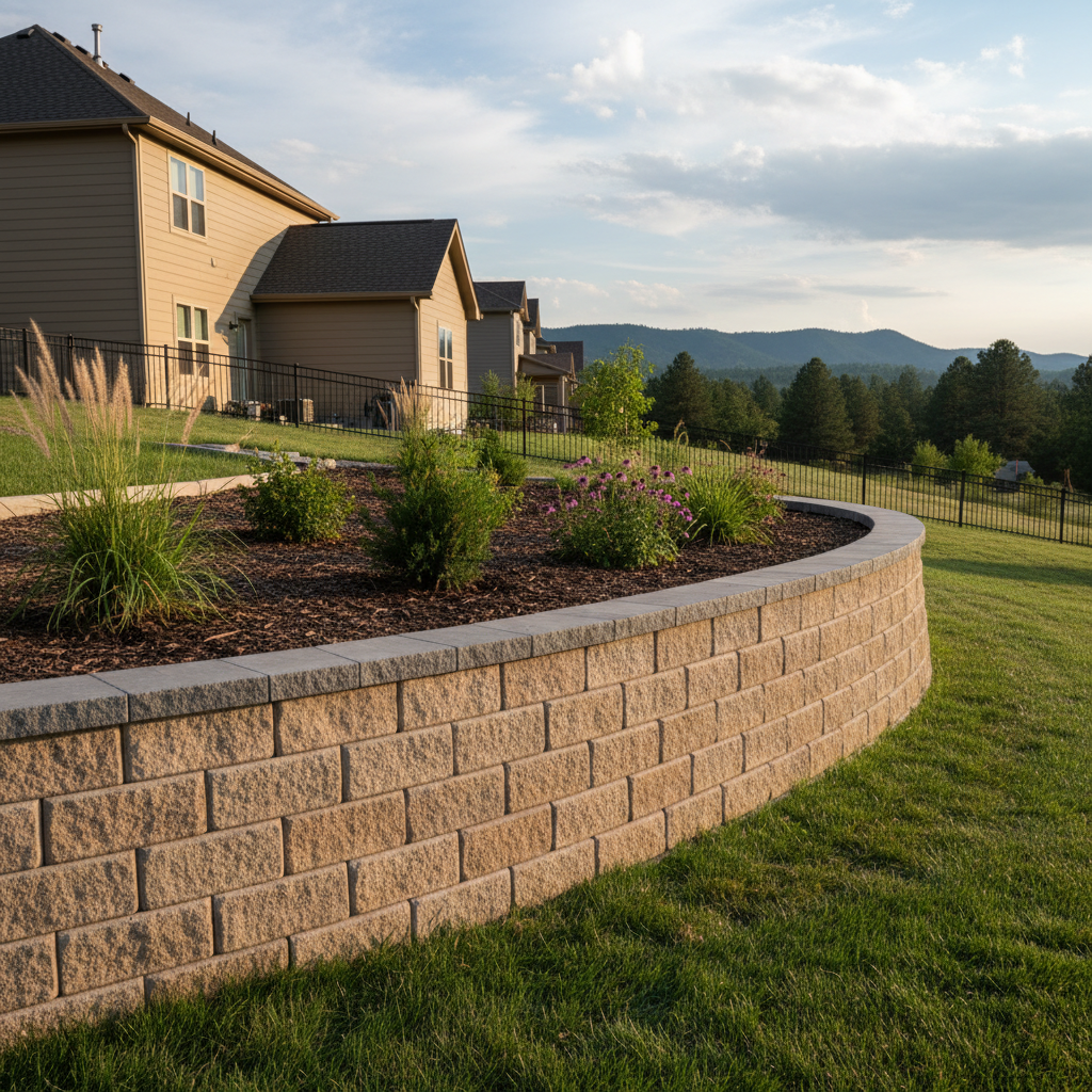 Completed retaining wall construction work at a residential property in Rapid City, SD